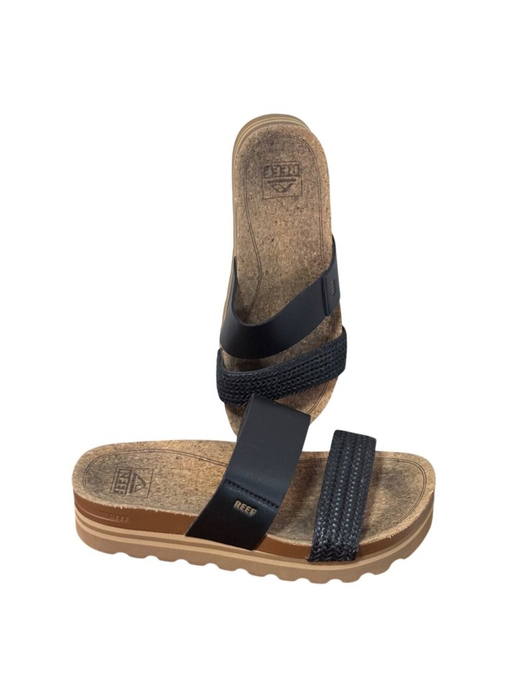 Reef Cushion Vista Hi Womens Sandals Black Cork Platform Strappy Size 7